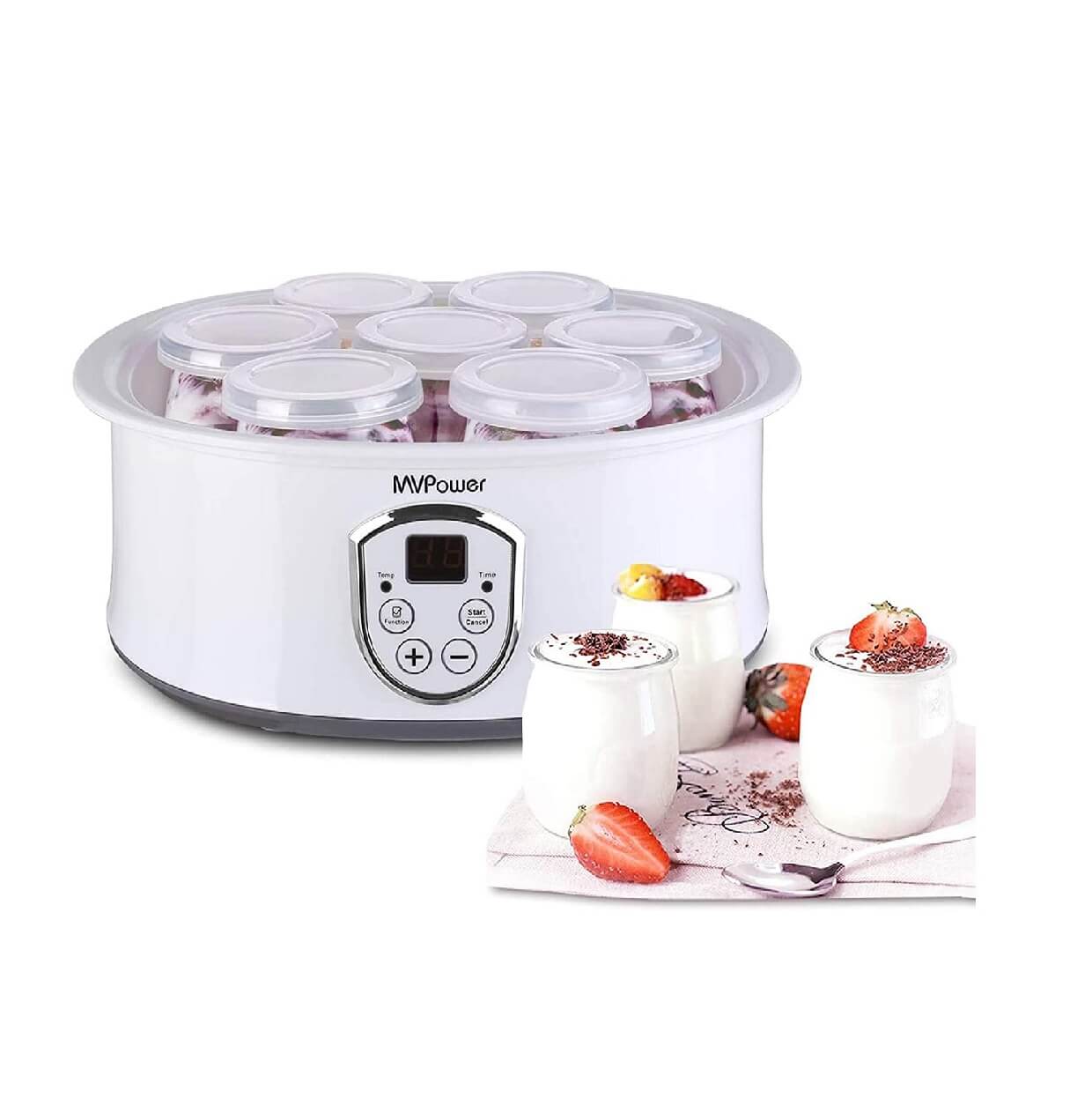HOMCOM Máquina de Yogur con 7 Tarros de Cristal de 180 ml Termostato  Ajustable Temporizador y Pantalla LED 24x24x13 cm Blanco
